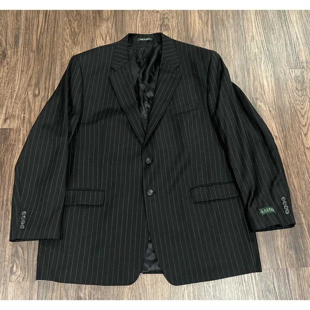 Lauren Ralph Lauren Mens Blazer Pin Stripe Black Wool Sport Coat Jacket Size 50L